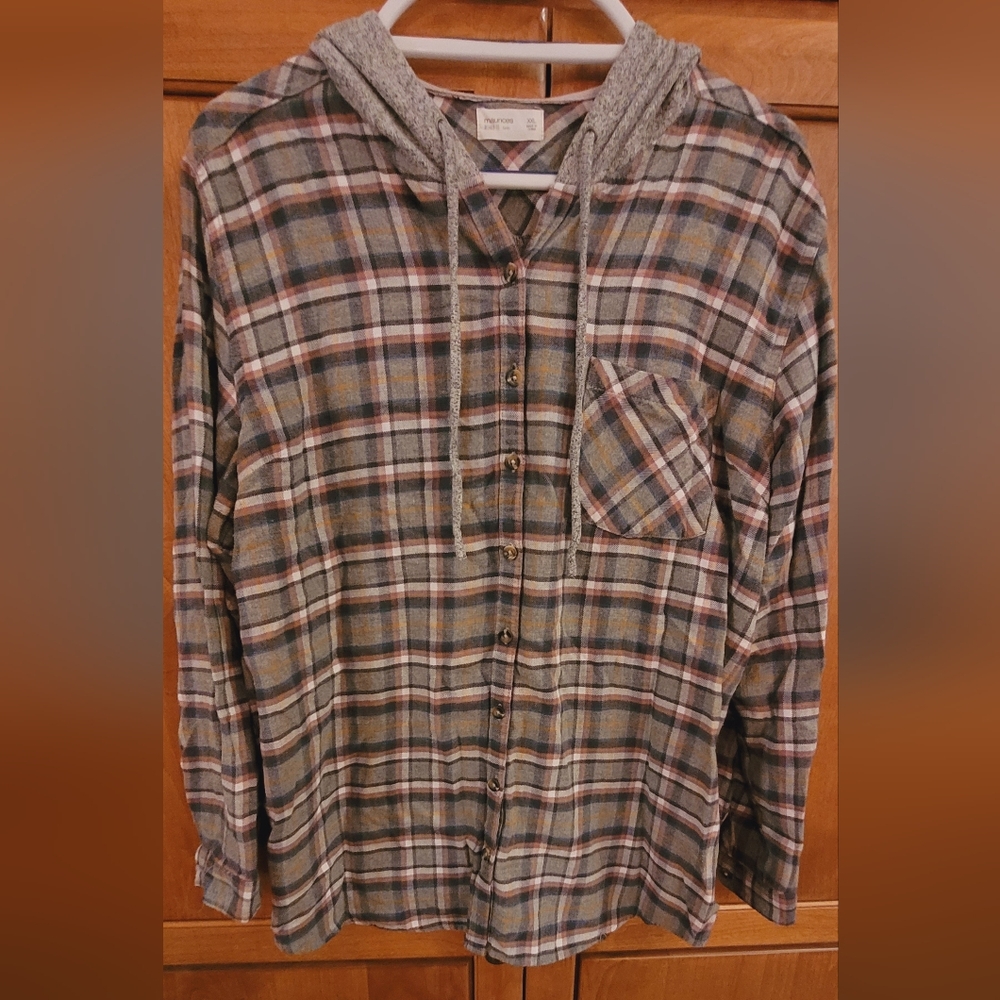 EUC | Maurices Plaid Hooded Button-Down Flannel Tunic